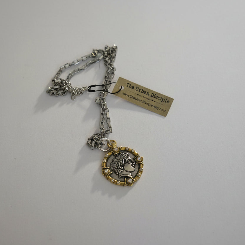 Silver Chain Greek Coin Pendant Necklace