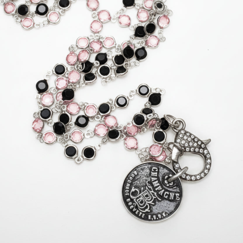 Pink & Black Crystal Multi Strand Necklace w/French Champaign Coin