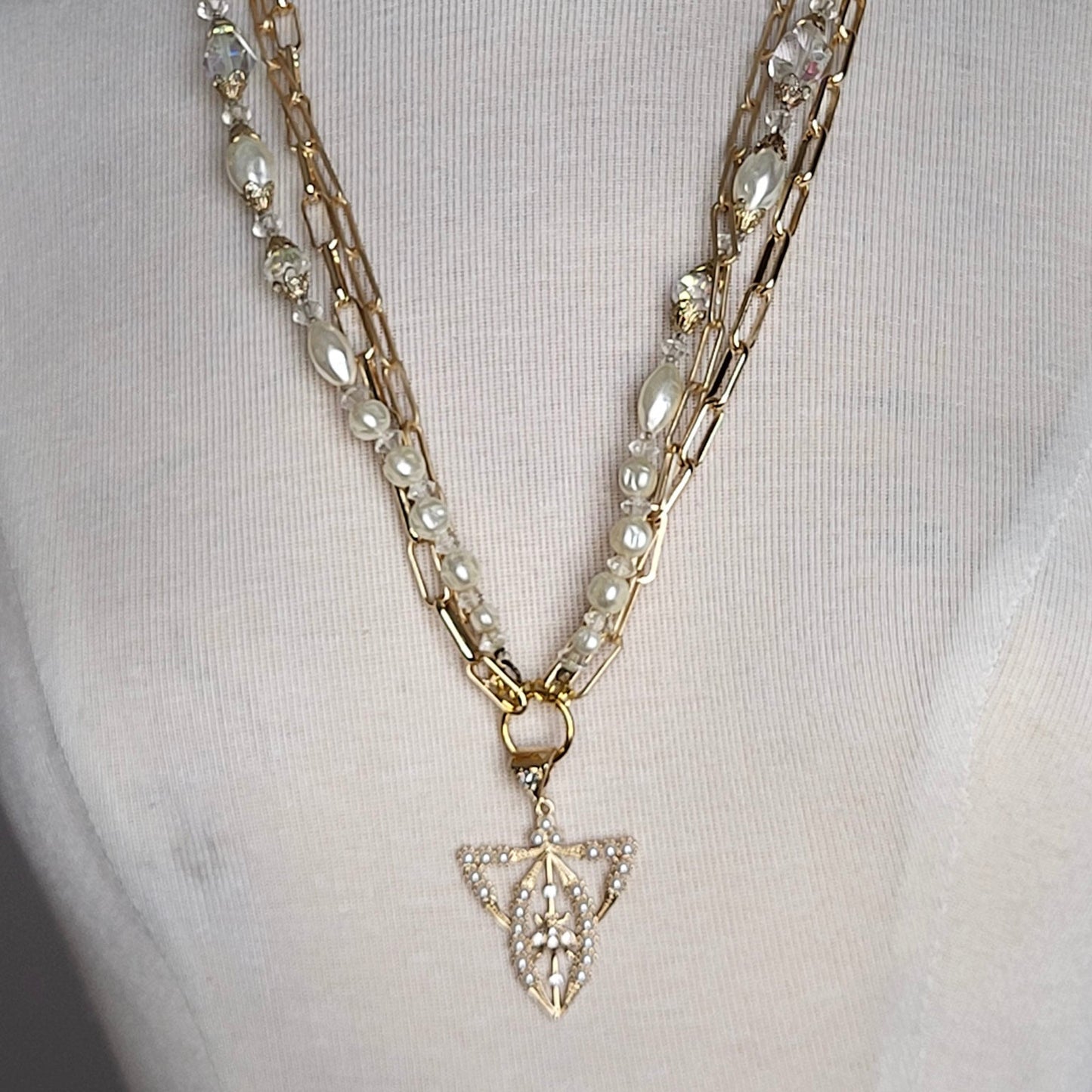 Multi Strand Pearl Necklace w/Bee in Triangle Pendant
