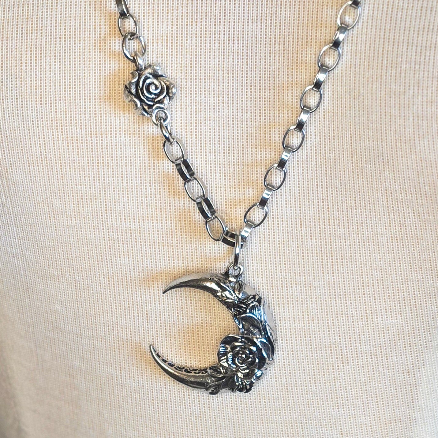 Long Silver Necklace w/ Moon Pendant
