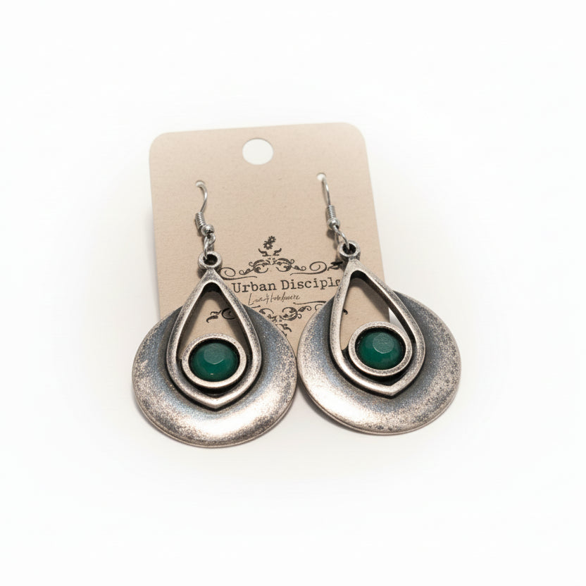 Silver Drop w/Green Jewel Earrings