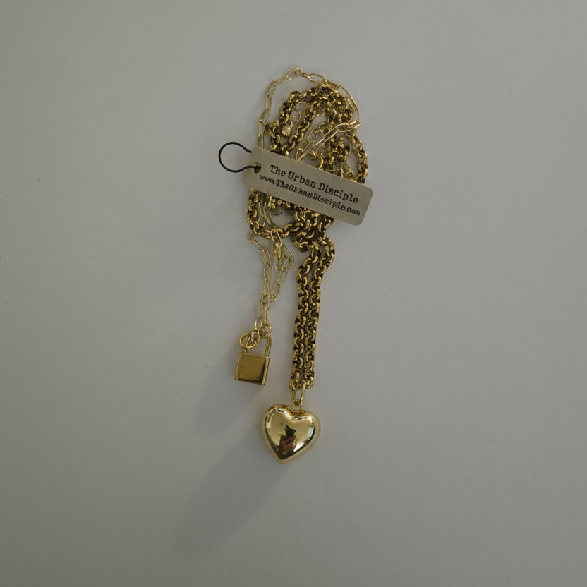 Gold 2 Strand Necklace w/Heart, Lock Charms