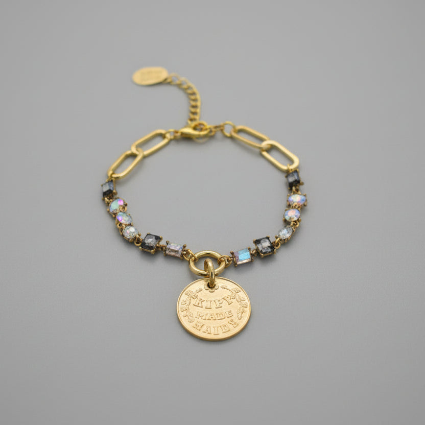 Gold French Coin w/Crystal Connectors Necklace