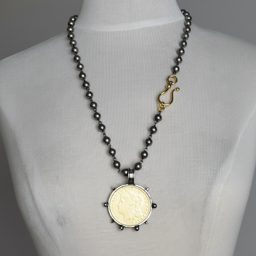 Gold Coin Necklace on Blk Beaded Chain w/Lg. French Hook