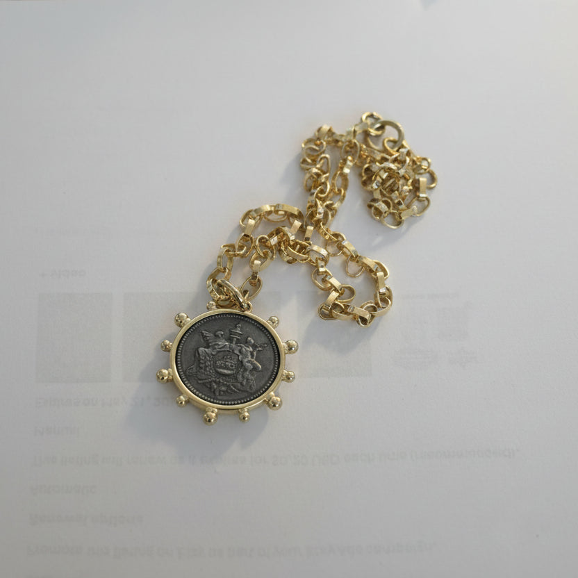 Gold Chain w/Matte Gray French Coin Pendant