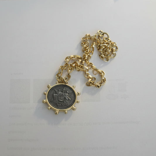 Gold Chain w/Matte Gray French Coin Pendant
