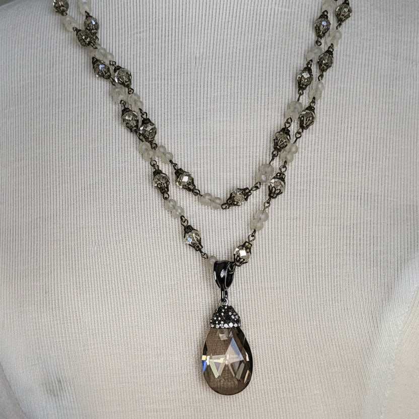 Smokey Crystal Multi-Strand Necklace w/Lg. Crystal Drop