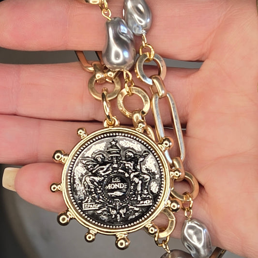 Gold Necklace w/ Baroque Pearls, French Coin