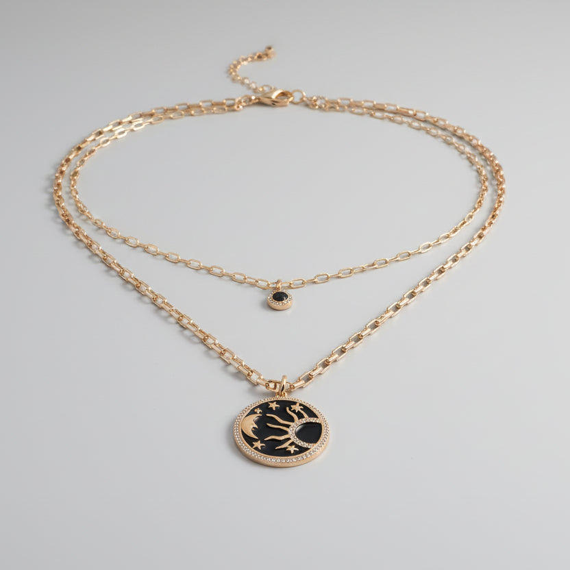 Double Strand Gold Sunburst Pendant Necklace