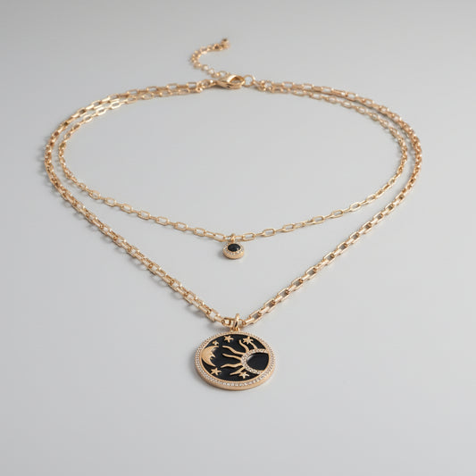 Double Strand Gold Sunburst Pendant Necklace