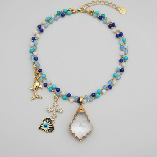 Turq Bead Necklace- Eye & Crystal