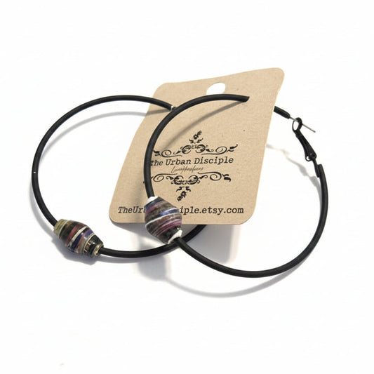 Blk Hoop Earrings w/Paper Bead