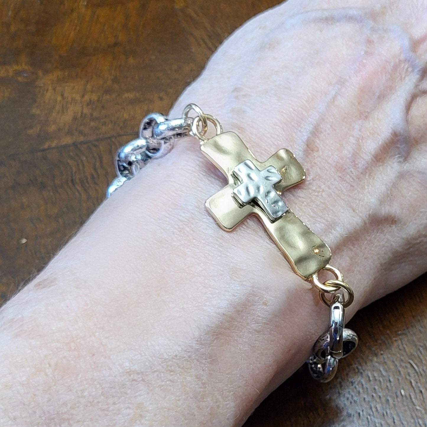 Mixed Metal Cross Bracelet