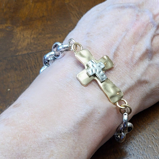 Mixed Metal Cross Bracelet