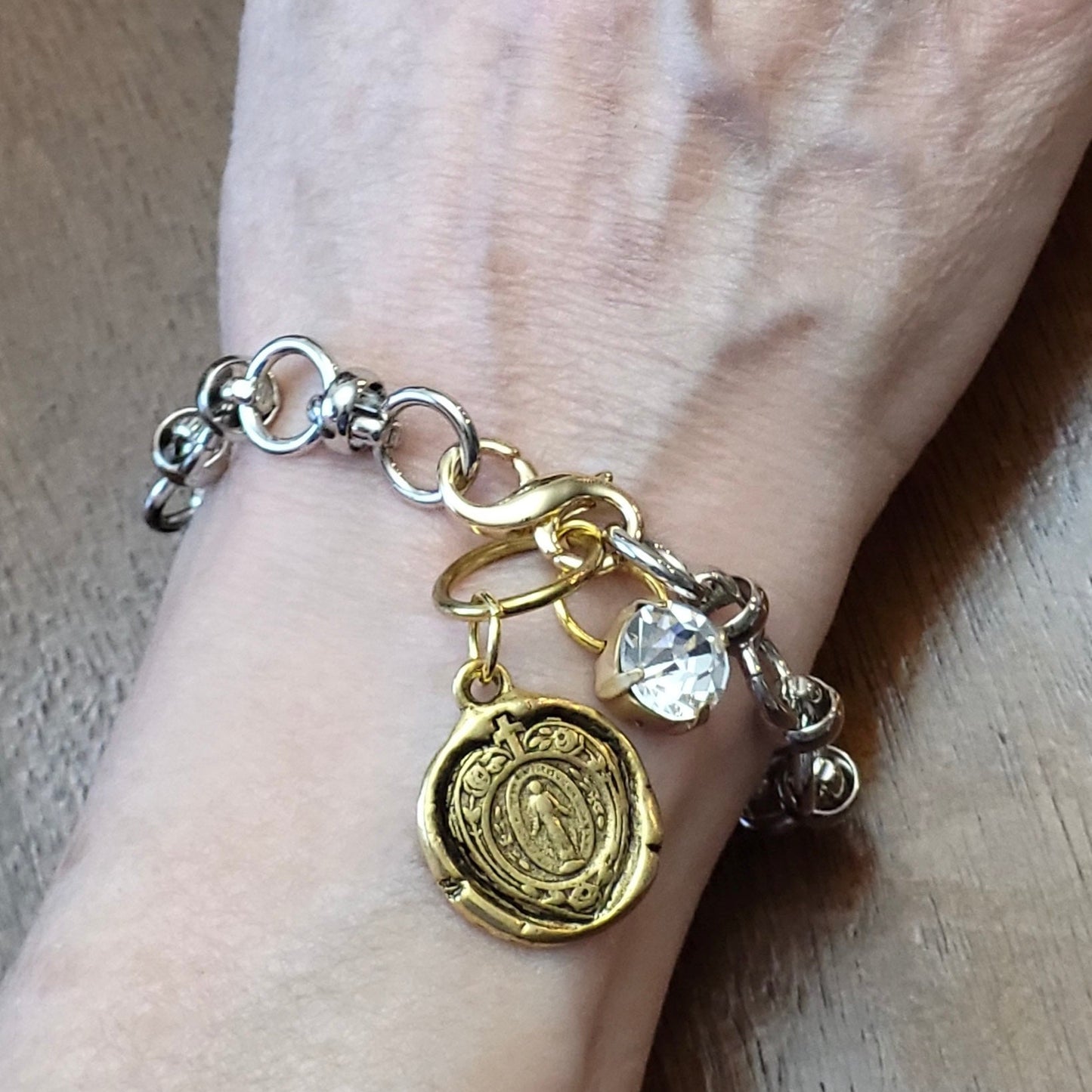Mixed Metal Bracelet w/ S Clasp, 2 Charms