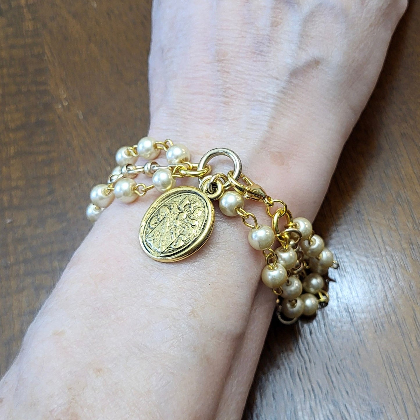 3 Strand Pearl Bracelet w/Gold Charm