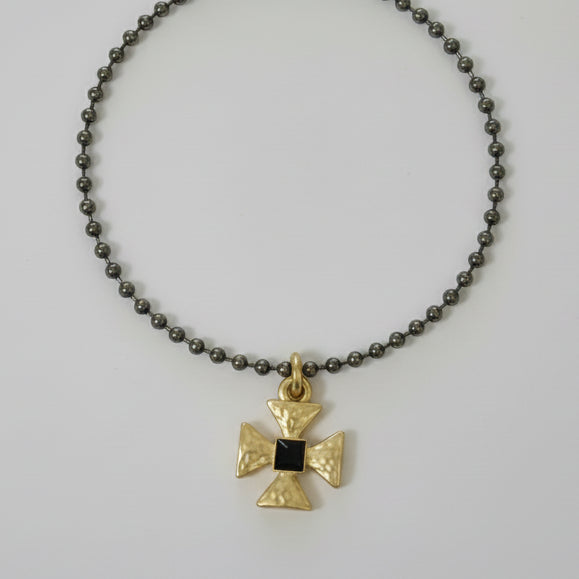 Gunmetal Ball Chain Maltese Cross Necklace
