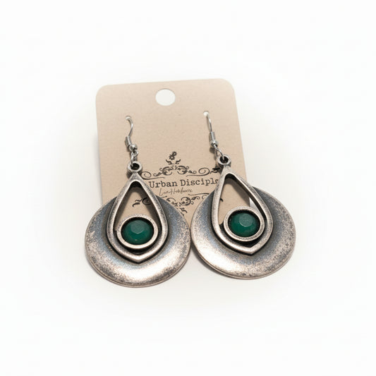 Silver Drop w/Green Jewel Earrings