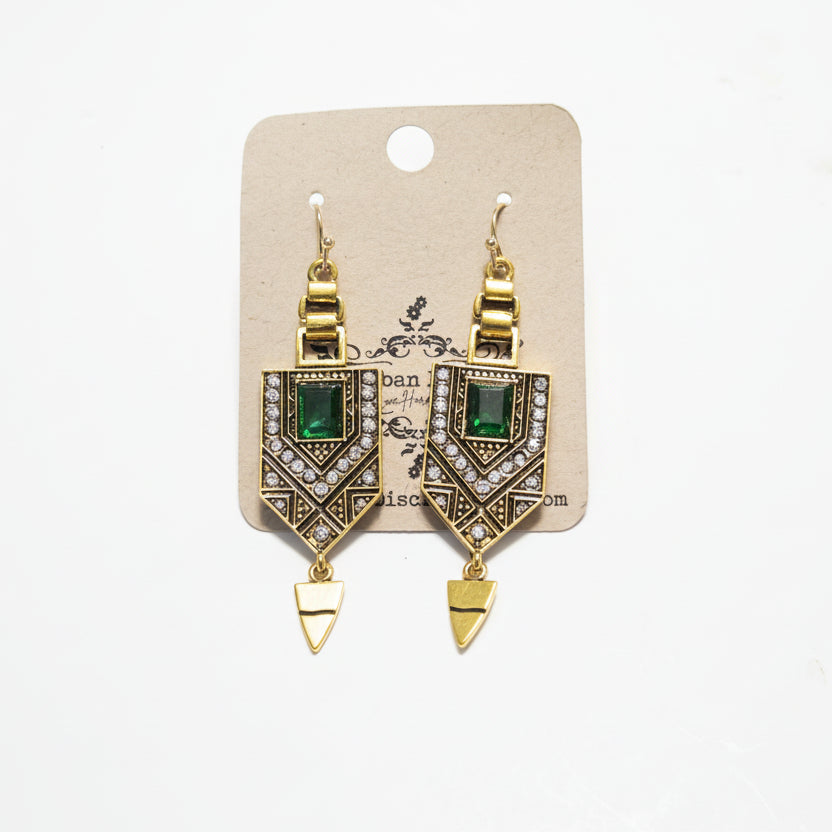 Green/Rhinestone Art Deco Earrings