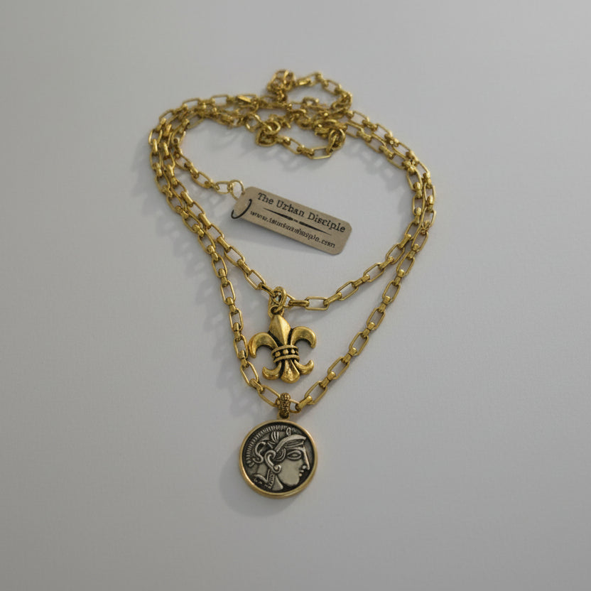 2 Strand Gold Necklace w/Greek Coin, Fleur D Leigh Pendants