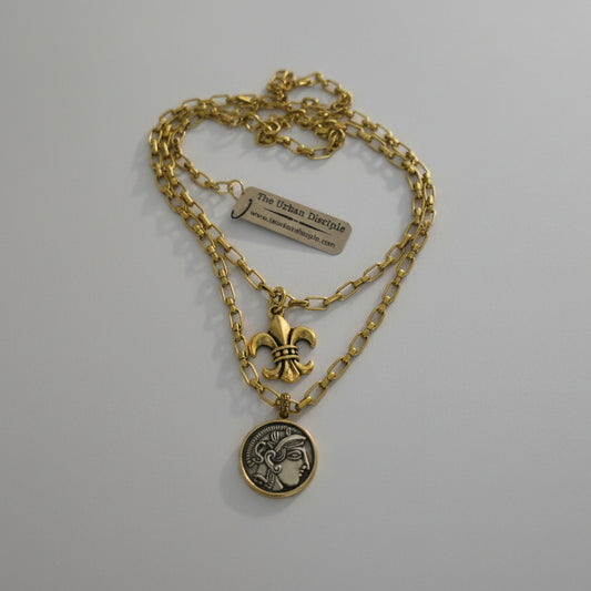 2 Strand Gold Necklace w/Greek Coin, Fleur D Leigh Pendants
