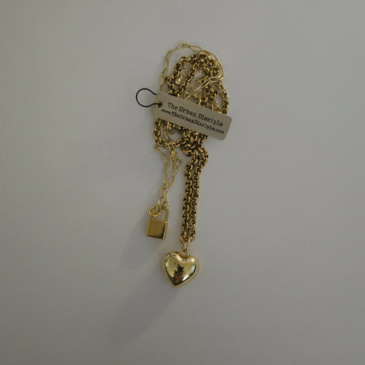 Gold 2 Strand Necklace w/Heart, Lock Charms