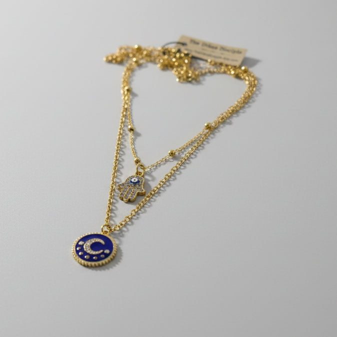 Hamsa, Moon Charms Gold 2 Strand Necklace