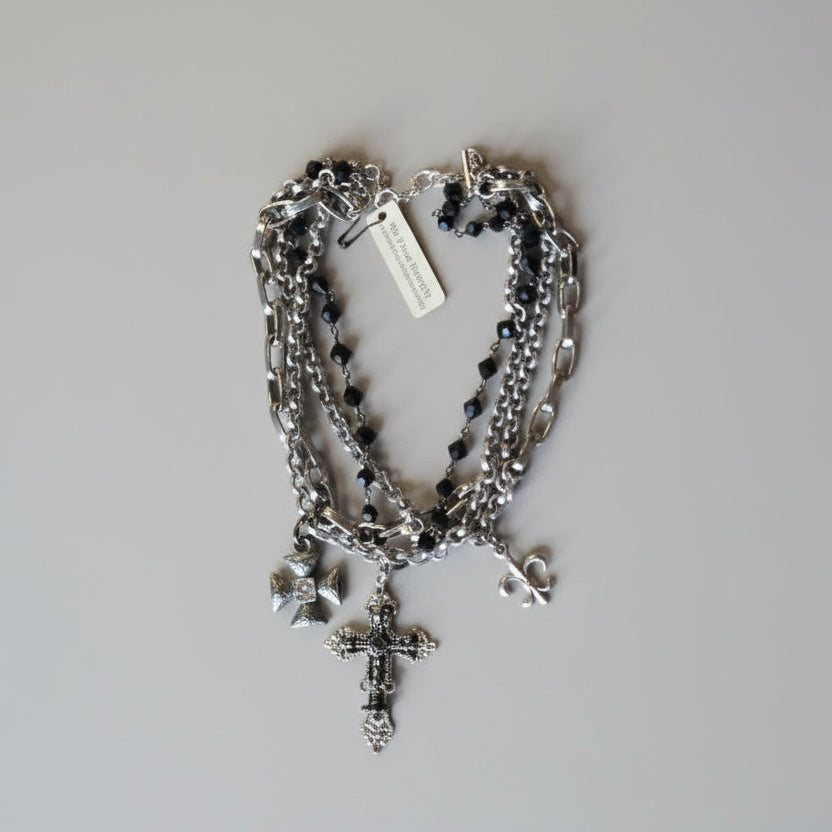 Ant. Silver 3 strand Necklace with Cross, 2 Charms