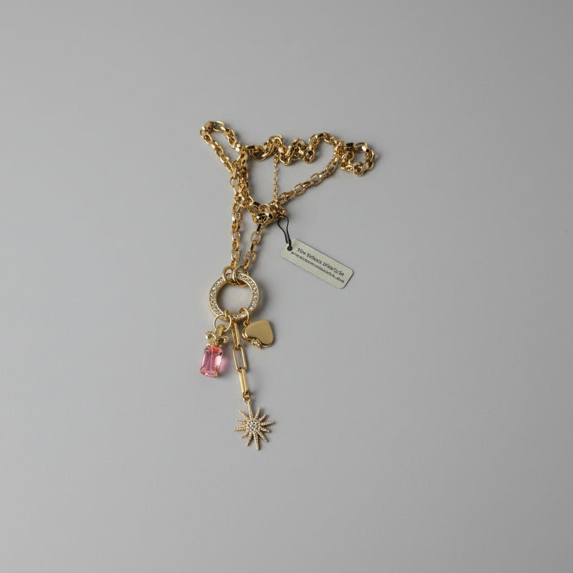 Gold Charm Necklace w/Pink Jewel