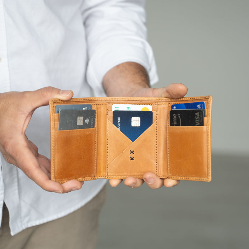 Man holding Titus Trifold Wallet by Elevate