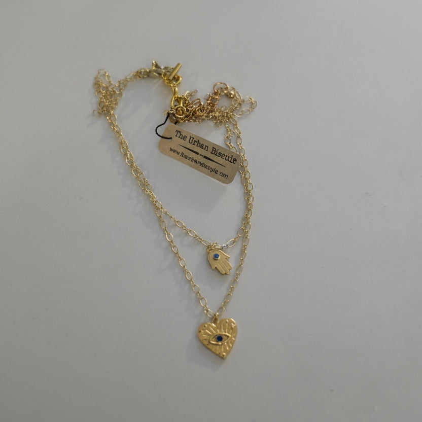 Hamsa, Heart Charms Gold 2 Strand Necklace
