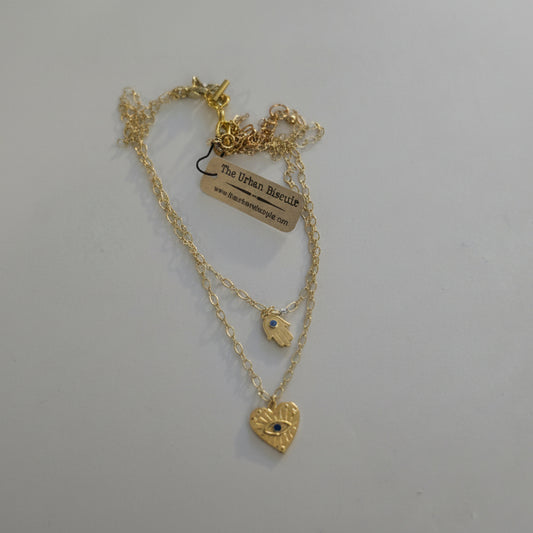 Hamsa, Heart Charms Gold 2 Strand Necklace