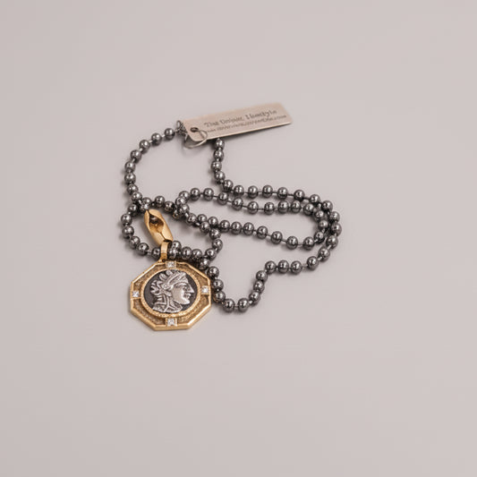 Greek Coin on Dark Ball Chain