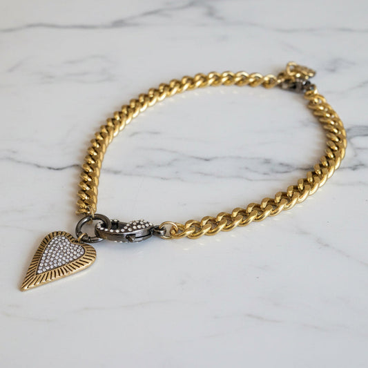 18" Gold Curb Chain w/Pave' Heart & Clasp
